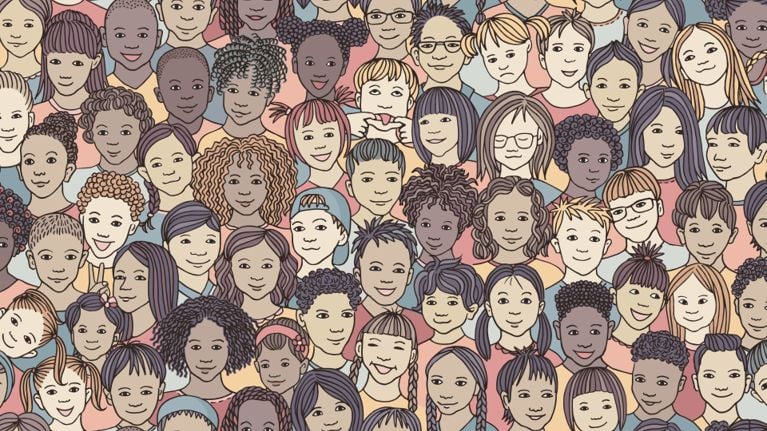 A colourful digital drawing showcasing a large group of children and teenagers. The faces are rendered in a friendly, simplified line-art style. The image highlights a vast range of youth diversity, including different eye shapes, hair colours (ranging from blonde and red to black and purple), and styles like pigtails, afros, and baseball caps. The background is composed of soft pink and blue shapes, giving the piece a hopeful and youthful energy.