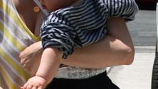 January Jones, baby Xander & the nanny go for fancy lunch (pretty dress!)