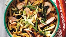 Roasted pork tenderloin with baby bok choy and noodles