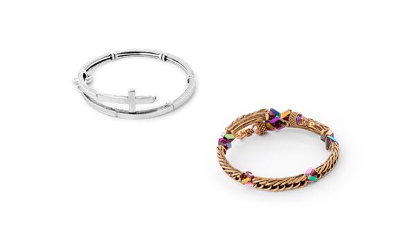two Alex and Ani rings - Mulberry Wonderland and metal cross