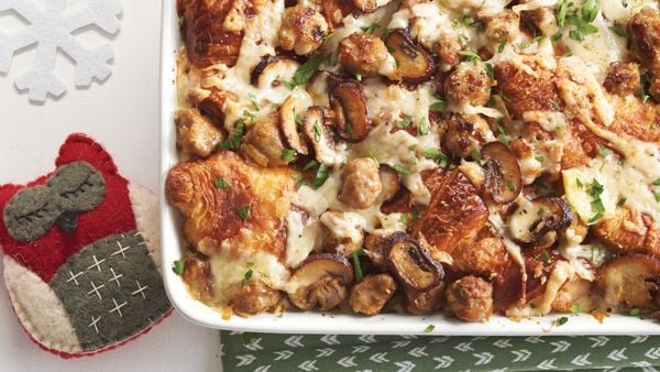 casserole dish of holiday strata