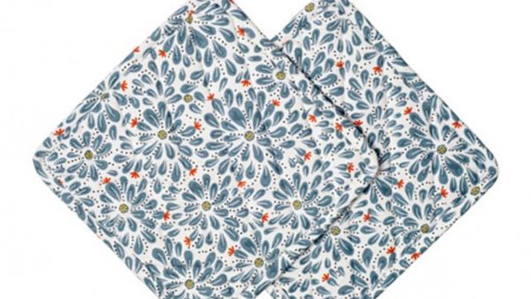 Two pot holders with blue flowers