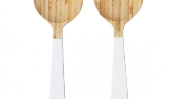 Wooden salad server with white handle