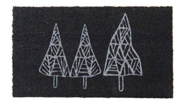 Black door mat with white tree drawing