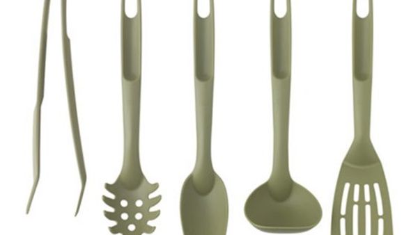 Five green plastic utensils