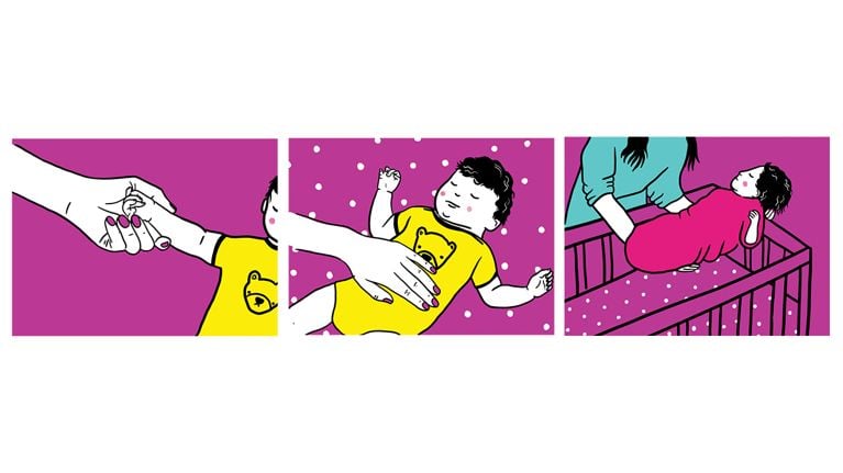 Illustrated steps showing how to transfer your sleeping baby to a crib