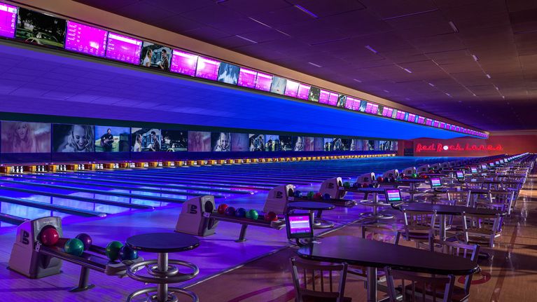 Purple hued glow-in-the-dark bowling lanes at the Red Rock Resort