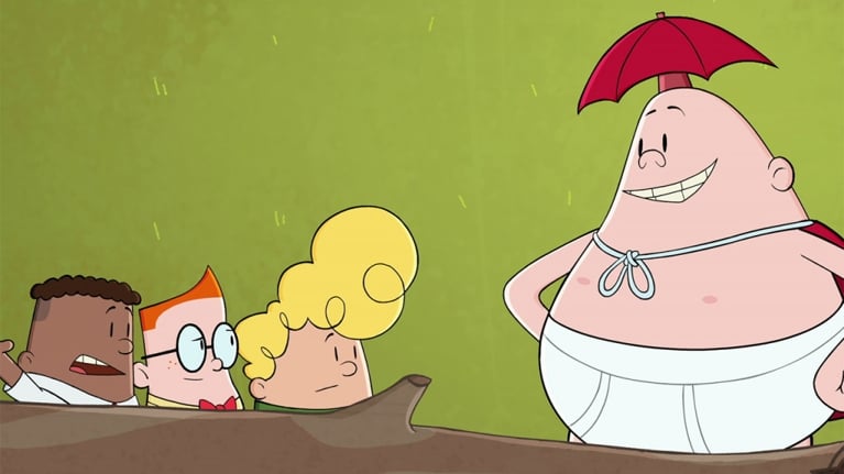Promo image for The Epic Tales of Captain Underpants showing three kids talking to a superhero in undies