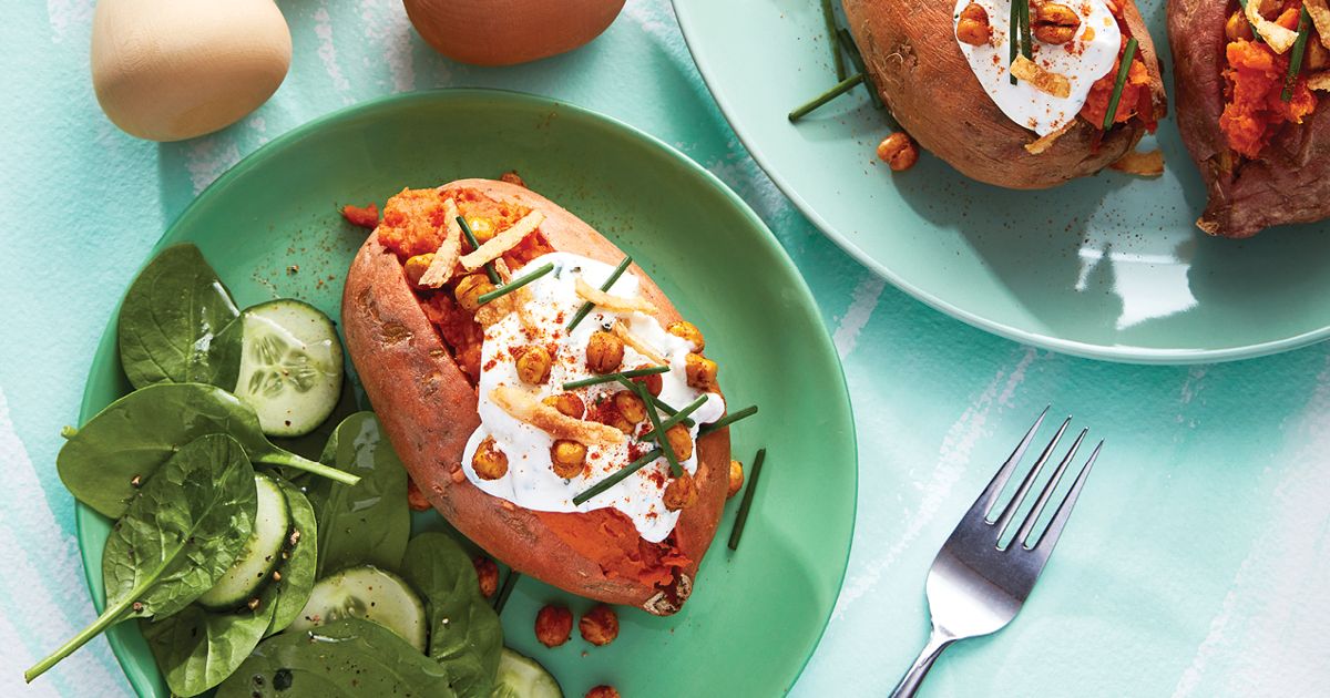 Easy baked sweet potato recipe with roasted chickpeas Today's Parent