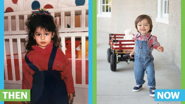 Then and now photo of Kassandra in her childhood, next to her son 