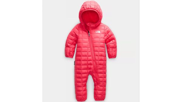 pink one-piece baby snowsuit