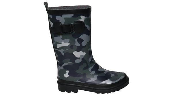 Black and grey camo rain boot