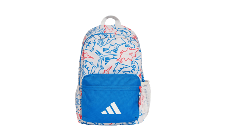 Blue and red dinosaur-designed Adidas Adiraptor backpack with a blue pocket that has the brand logo on it
