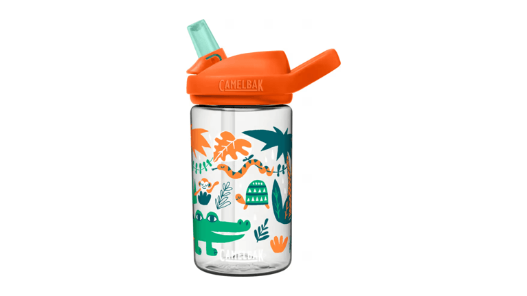 CamelBak Eddy water bottle with an orange lid and orange, green, blue and brown-coloured designs on the bottle