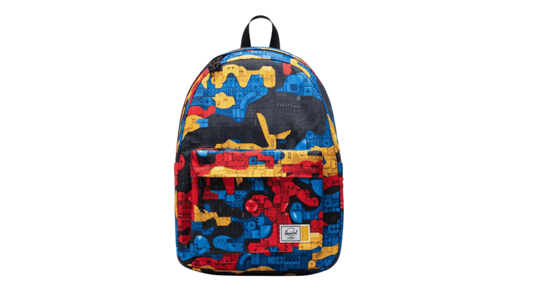 Red, blue, yellow and black LEGO print Herschel backpack
