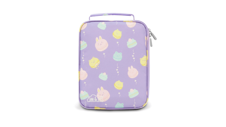 Jan and Jun lunch bag in the colour purple with pastel-coloured animal-shaped macaron prints