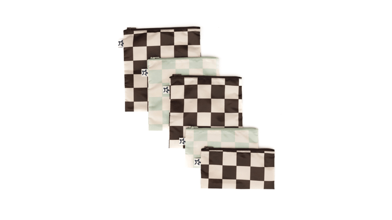 5 checkered pieces of the Tiny Twinkle Reusable Snack Bag Pack
