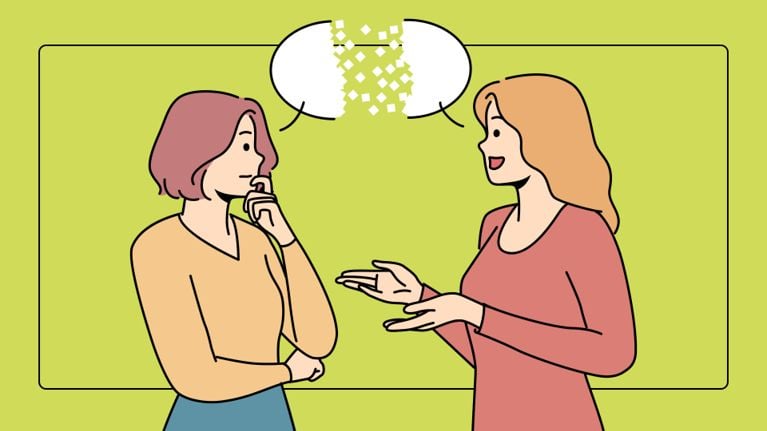 Two individuals are depicted in a conversation; one looks contemplative while the other speaks with open gestures
