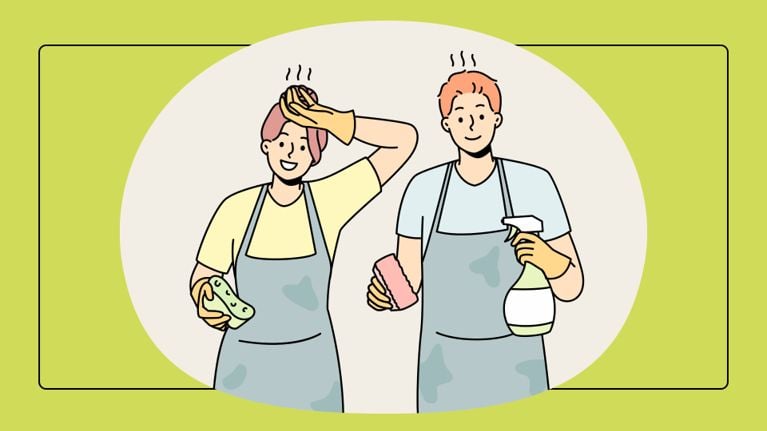 A couple stands side-by-side wearing blue aprons and yellow gloves. Both appear tired, with heat lines coming off their heads, but they are smiling. They hold sponges and a spray bottle, representing the physical labor of household management.