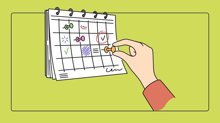 A detailed view of a person's hand interacting with a paper calendar. The calendar is densely packed with checkmarks, colored pins, and scribbled notes, highlighting the intense cognitive labor involved in managing a family's schedule.