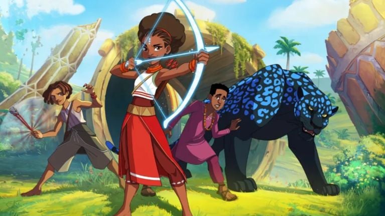 An illustration of a girl with a bow and arrow with some other animated characters behind her in an outdoor scene