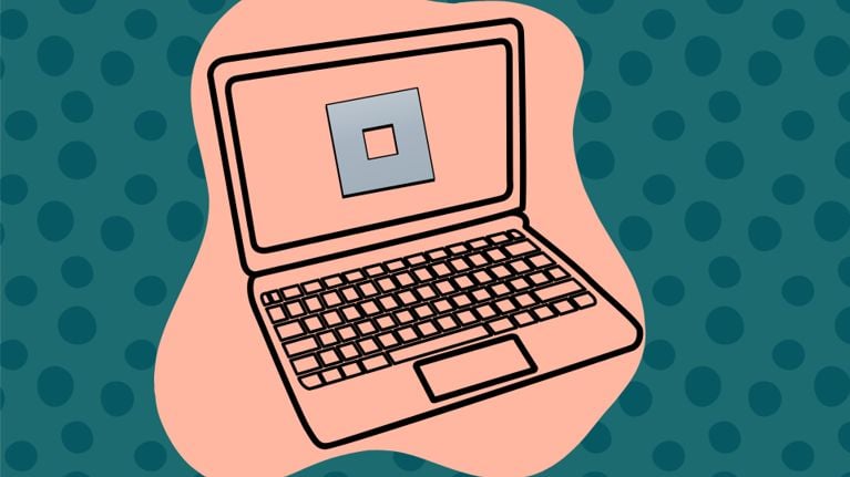 A digital illustration of a stylized laptop computer on a teal background with a pattern of dark green circles. The laptop is outlined in black with a light peach-colored fill and features a keyboard, trackpad, and a central square screen displaying the Roblox logo within it.