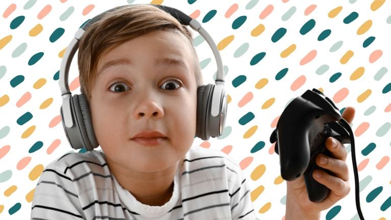 A young person wearing headphones and holding a game controller looks surprised at the camera. The background is a colorful pattern of abstract shapes.