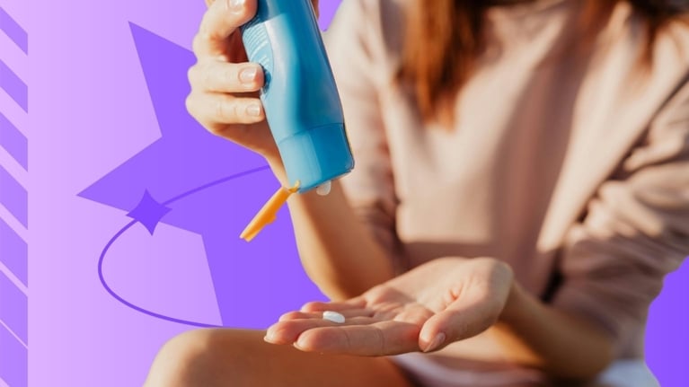 Girl holding her nose and checking her underarm, suggesting body odor, against a purple background with stars.