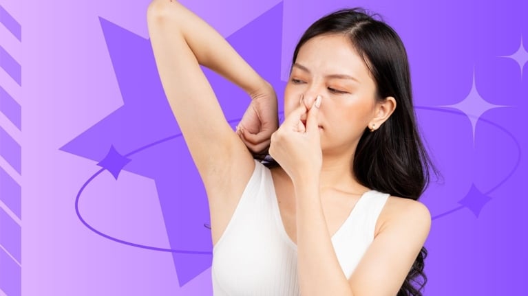 Girl holding her nose and checking her underarm, suggesting body odor, against a purple background with stars.