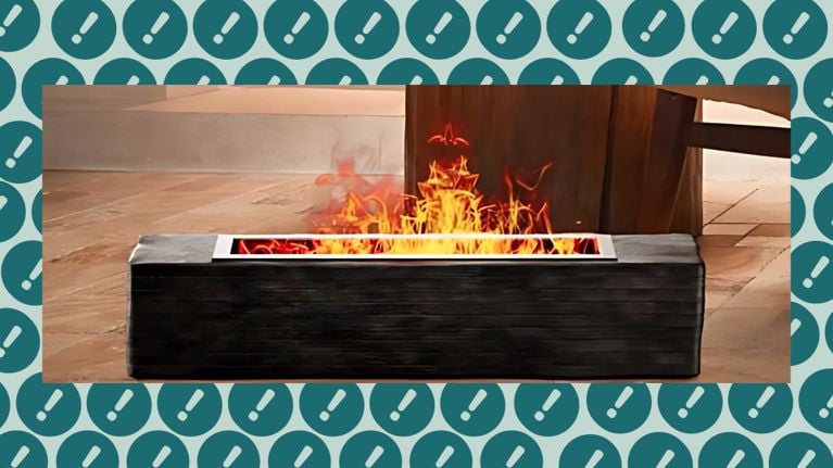 A Government of Canada sign features the Canadian flag; Health Canada warns of a fire and burn risk, recalling the ZGRMBO Decorative Tabletop firebox sold on Amazon.ca after an injury was reported due to dangerous flame jetting.