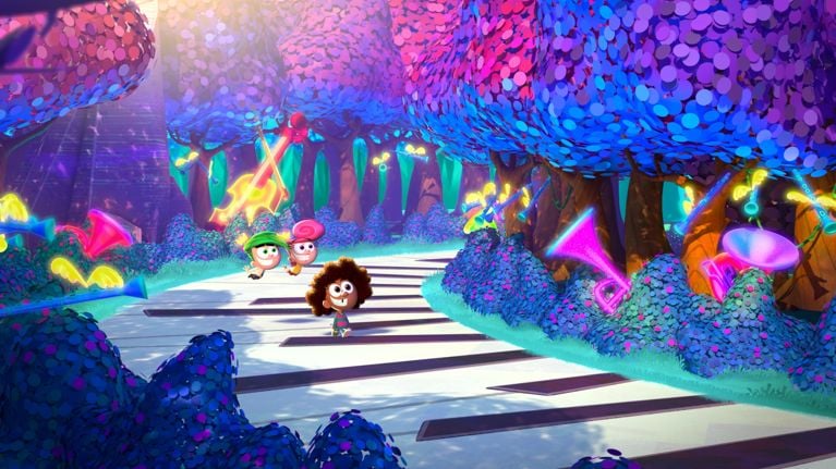 An animated image of children walking along a colourful, whimsical forest path
