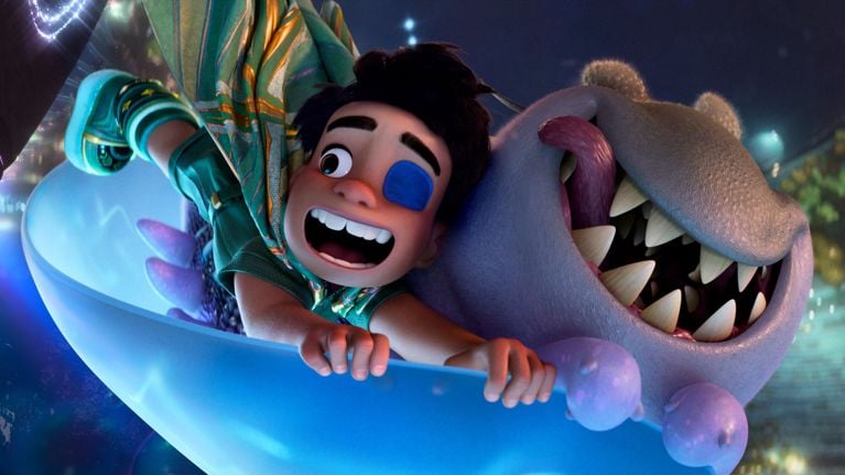 An animation of a young boy with a purple eye patch flying through the air with a purple alien-like creature