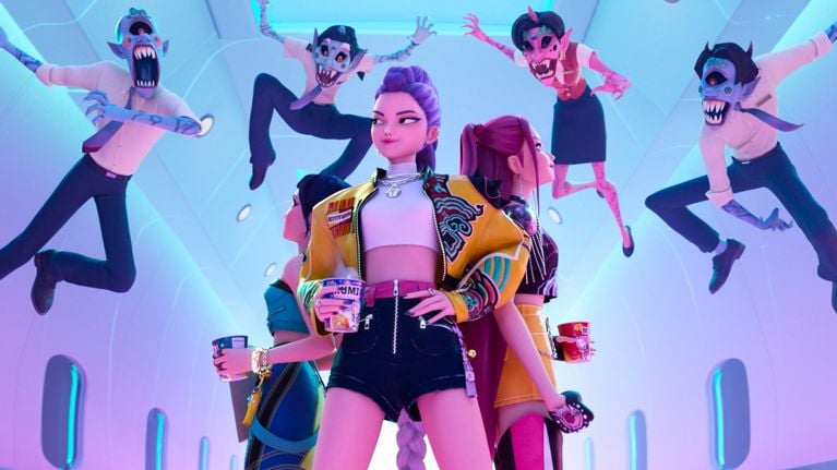 An animation of three women dressed like superheroes, smiling and standing back-to-back while zombie-like demons in office attire lunge at them from above