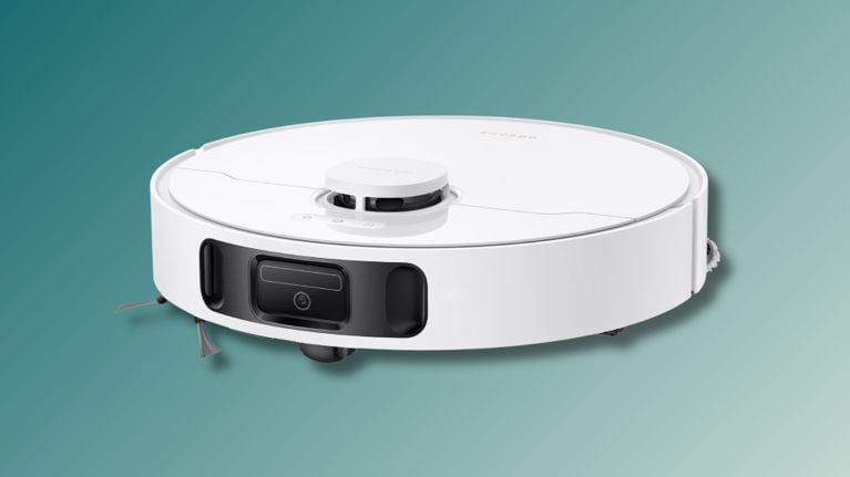 Angled close-up of the Dreame L40s Ultra CE robot vacuum showing its side brush, LiDAR sensor, and front-facing obstacle detection camera, placed on a teal background.