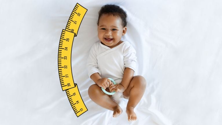 A baby lies on a digital infant scale wearing only a diaper, with a yellow measurement arc added above to represent length tracking.