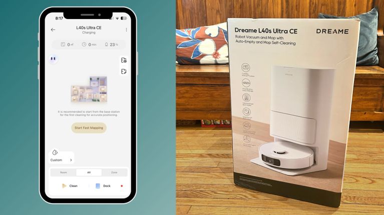 Composite image showing the Dreamehome app interface for the L40s Ultra CE on a smartphone screen beside the vacuum’s retail box, placed on a wood floor near a couch.