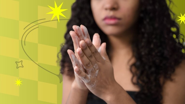 Tween gently washing hands with soap, preparing for skincare routine, with playful graphic elements in the background.