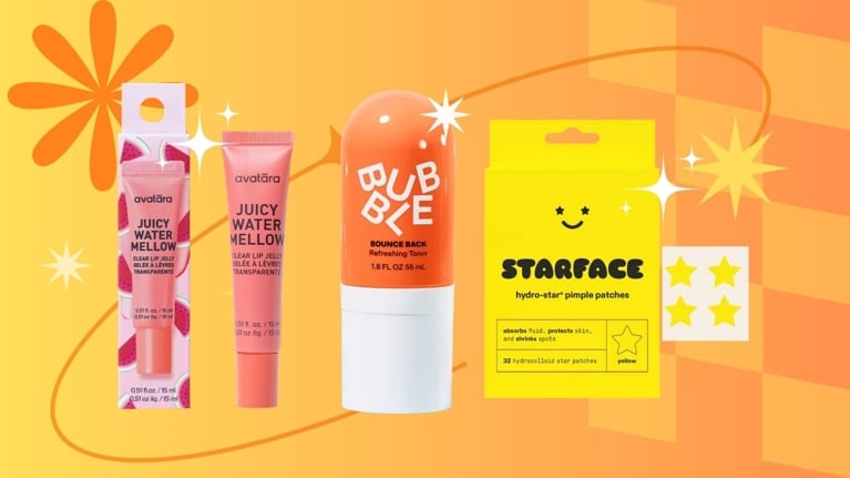 A lineup of colorful skincare products designed for tweens, including Avatara Juicy Water Mellow lip jelly, Bubble Bounce Back toner, and Starface pimple patches. Set against a bright orange and yellow background with playful star and flower graphics.