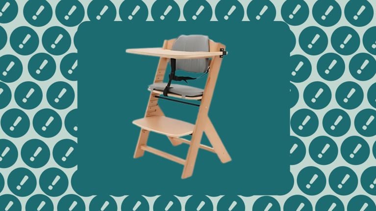 A wooden Harriet Bee high chair with a grey cushion and adjustable tray is shown against a warning icon background; Health Canada has recalled this chair due to potential entrapment and fall hazards for children.