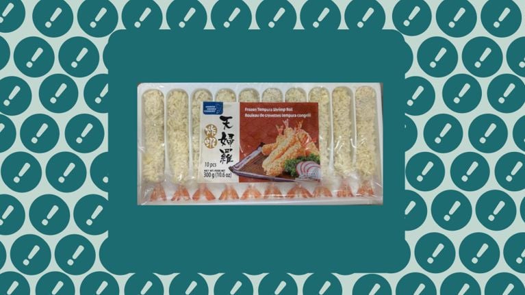A package of North Shore Fishery Frozen Tempura Shrimp Roll is shown, with ten breaded shrimp arranged in a clear plastic tray. The label includes product details in English and Chinese, with an image of cooked tempura shrimp. The background features a teal pattern of exclamation marks, signaling a food recall warning.