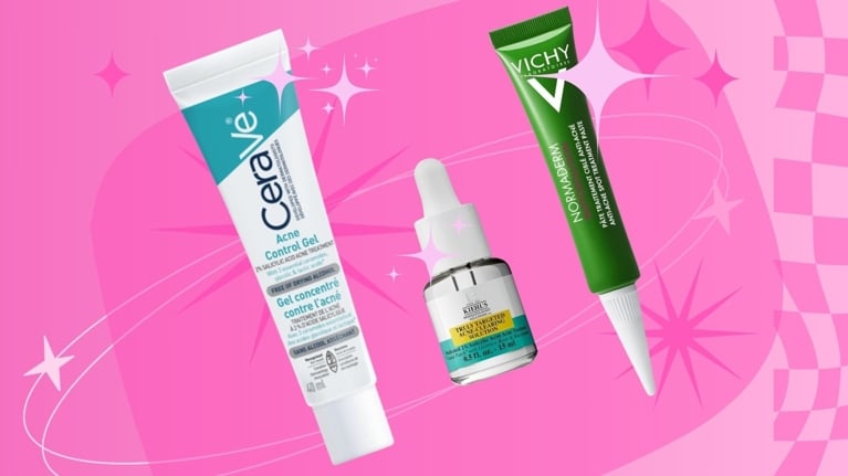Three spot treatment products for acne-prone skin: CeraVe Acne Control Gel, Kiehl’s Truly Targeted Acne Solution, and Vichy Normaderm Anti-Acne Spot Treatment.