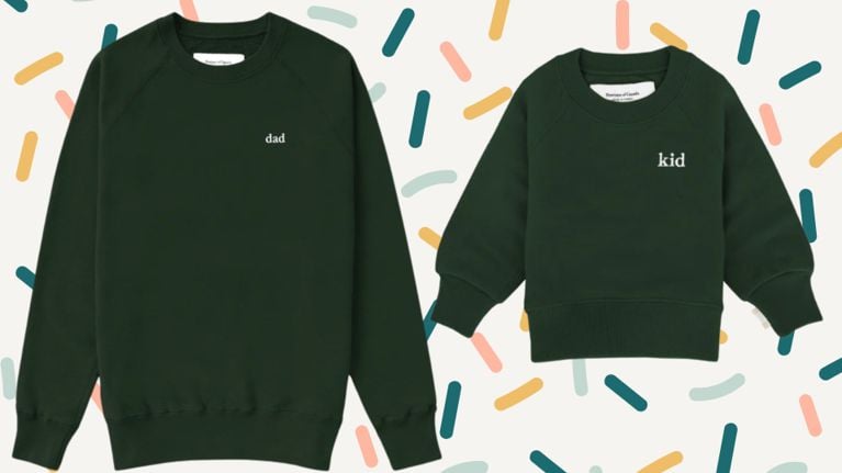 Two dark green sweatshirts; one says Dad in small embroidery, one says Kid