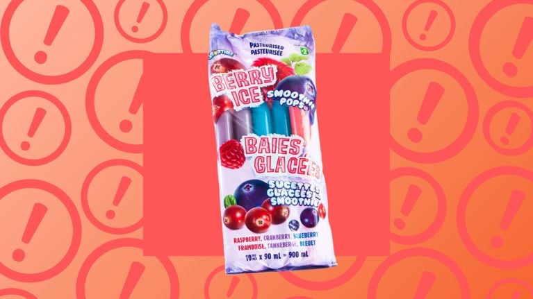 Package of Snowtime Berry Ice Smoothie Pops displayed on a warning-themed background with red and orange exclamation marks, indicating a recall due to undeclared milk allergens.