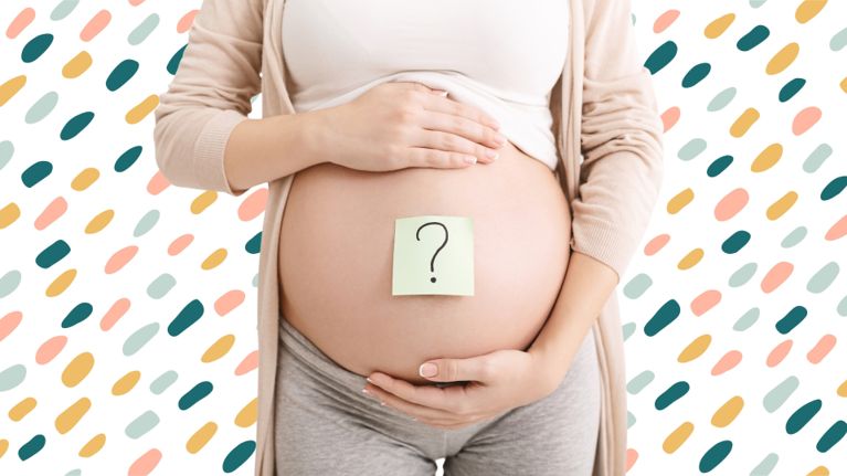 A pregnant woman with a sticky note with a question mark on her belly in front of a colourful graphic background