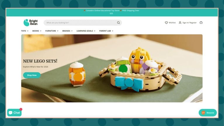 The homepage of a toy store site against a dark teal polka-dot background