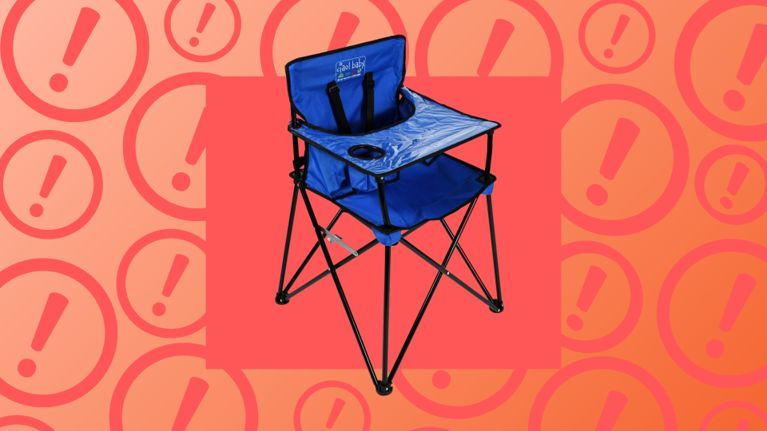A photo of a blue foldable high chair over an orange graphic
