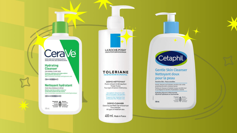 Three gentle facial cleansers for tweens: CeraVe Hydrating Cleanser, La Roche-Posay Toleriane Dermo-Cleanser, and Cetaphil Gentle Skin Cleanser.