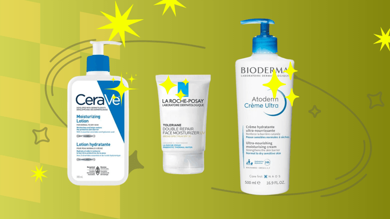 Tween-friendly moisturizers lined up: CeraVe Daily Moisturizing Lotion, La Roche-Posay Double Repair Face Moisturizer, and Bioderma Atoderm Crème.
