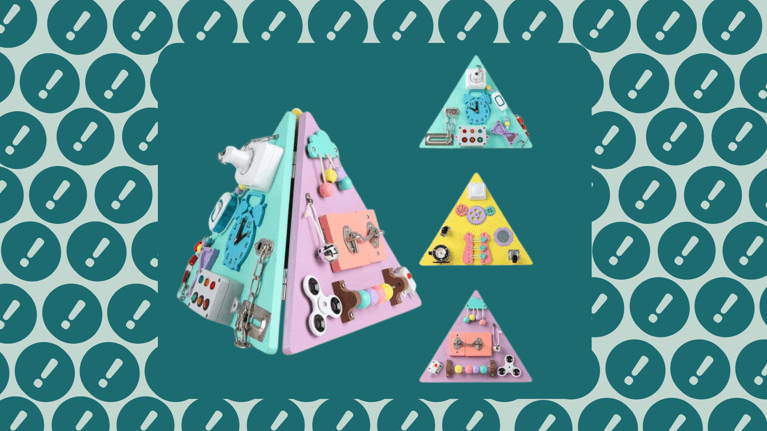 The Montessori Busy Board 20 in 1 Toy, a colorful triangular activity board featuring buttons, gears, locks, and sensory elements, is shown against a teal background with exclamation mark icons. Smaller images highlight different sides of the toy, which has been recalled due to small parts detaching and posing a choking hazard to young children.