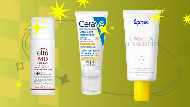 Recommended facial sunscreens for tweens including EltaMD UV Clear SPF 46, CeraVe Ultra-Light Moisturizing Lotion SPF 30, and Supergoop! Unseen Sunscreen SPF 50.